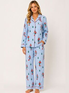 Saatvik Ski Print Cotton Pajama Set NWT Women’s Small Holiday Sleepwear